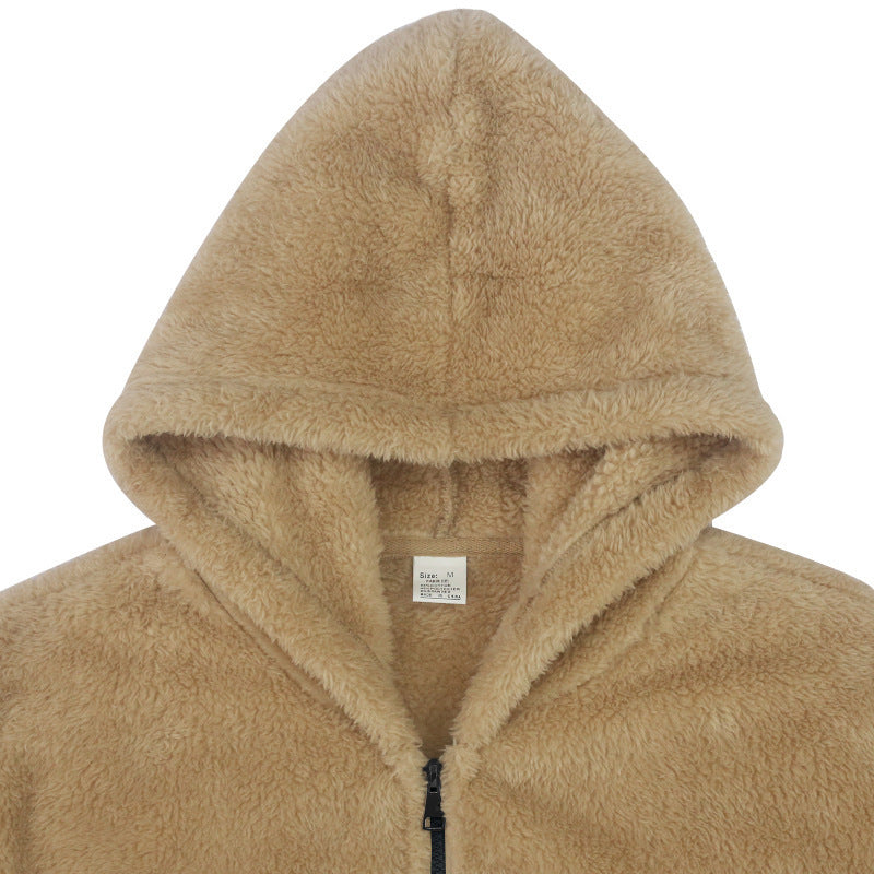 Plush Hooded Jacket Men's Autumn And Winter Fleece Double-sided Wear Warm Coat With Zipper Loose Casual Jacket Outdoor Clothing